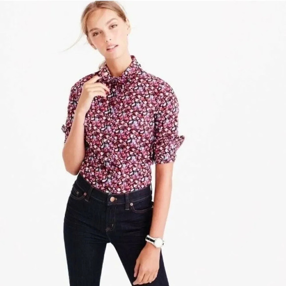 J Crew Tie Neck Tuxedo Shirt Ruffles Liberty Art Fabrics Sarah Print - Picture 1 of 12